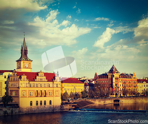 Image of Prague Stare Mesto embankment view from Charles bridge