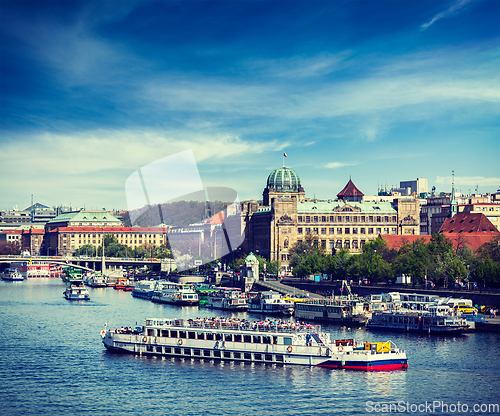 Image of Tourist boats on Vltava river in Prague