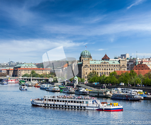 Image of Tourist boats on Vltava river in Prague