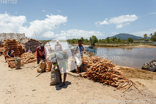 Image of Malagasy woman on street sell firewood, Madagascar