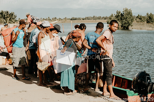 Image of people wait for taxi boat, Maroantsetra Madagascar