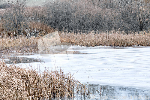 Image of Beautiful winter rural landscape with pond