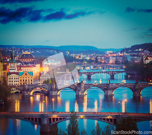 Image of Panoramic view of Prague bridges over Vltava river