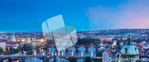 Image of Panoramic view of Prague bridges over Vltava river