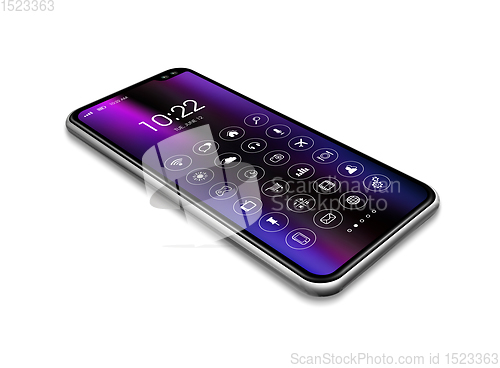 Image of All screen smartphone with icon set isolated on white. 3D render