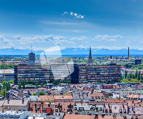 Image of Aerial view of Munich with Bavarian Alps in back