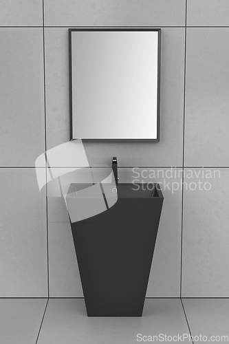 Image of Black pedestal wash basin with faucet and mirror