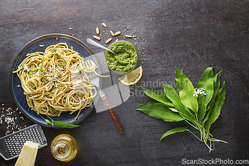 Image of Ramson wild garlic pesto pasta 