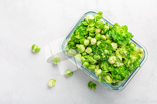 Image of Fresh  organic green brussel sprouts and small winter cabbage vegetable in glass container, ready to freeze