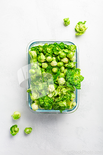 Image of Fresh  organic green brussel sprouts and small winter cabbage vegetable in glass container, ready to freeze