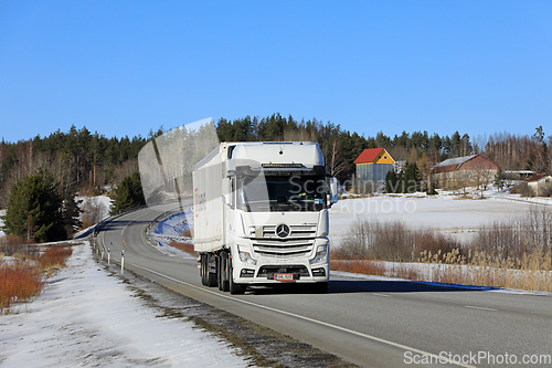 Image of White Mercedes-Benz Actros Truck Semi Trailer Road Landscape