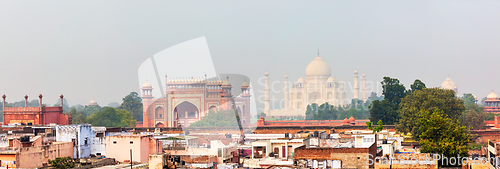 Image of Panorama of Taj Mahal view over roofs of Agra