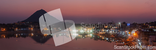 Image of Panorama of Sacred Puskhar lake (Sagar) and ghats of town Pushk