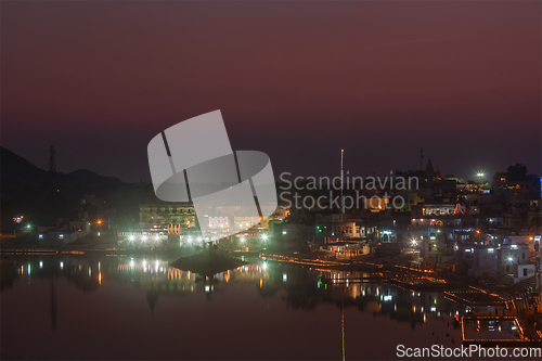 Image of Sacred Puskhar lake (Sagar) and ghats of town Pushkar in twilig