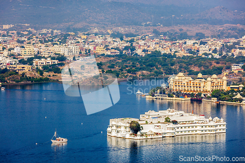 Image of Aerial view of Lake Pichola with Palace Jag Niwas