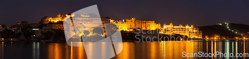 Image of City Palace palace on Lake Pichola in twilight, Udaipur, Rajasth