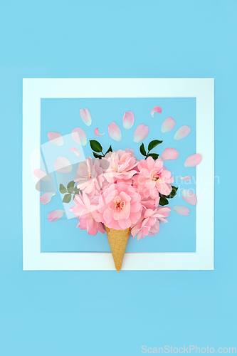 Image of Fantasy Surreal Summer Rose Flower Ice Cream Cone Background 