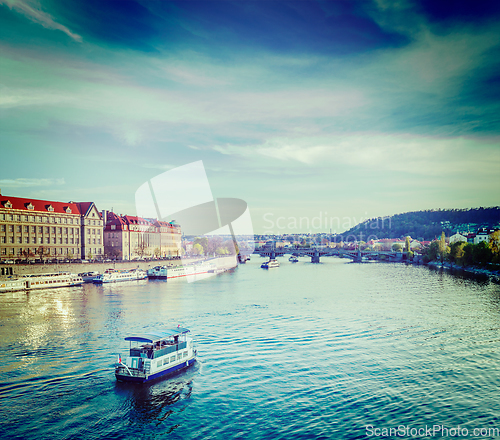 Image of Tourist boats on Vltava river in Prague