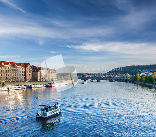 Image of Tourist boats on Vltava river in Prague