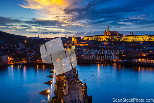 Image of Night view of Prague, Charles Bridge, Vltava river