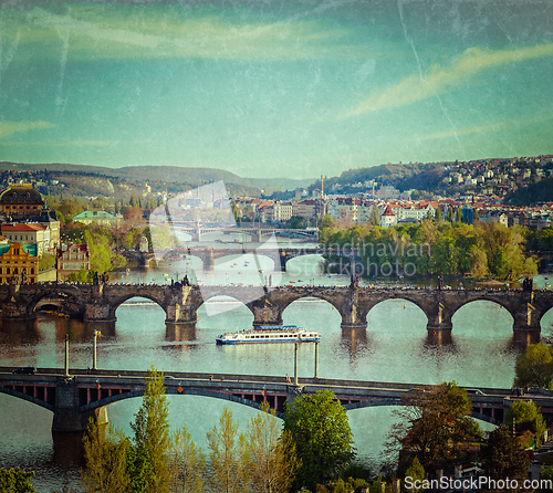 Image of Panoramic view of Prague bridges over Vltava river