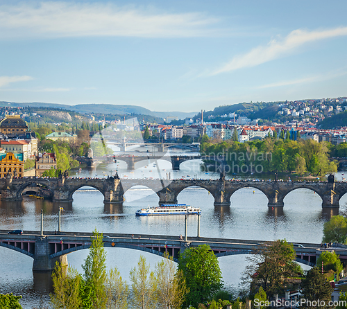 Image of Panoramic view of Prague bridges over Vltava river