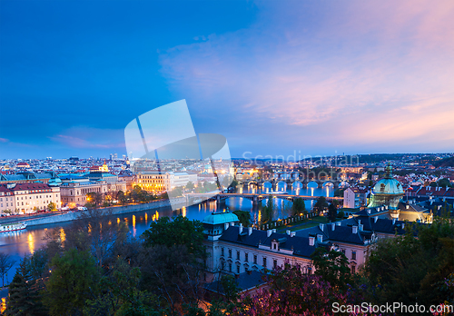 Image of Panoramic view of Prague bridges over Vltava river