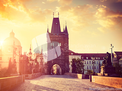 Image of Charles bridge tower in Prague on sunrise