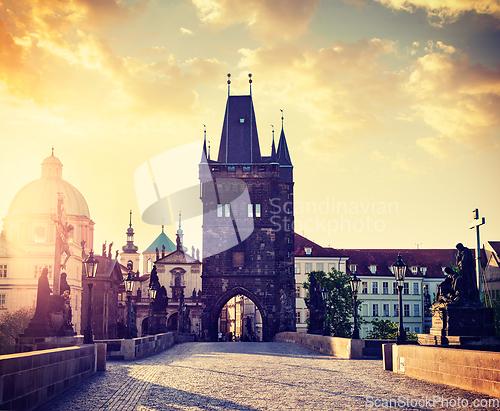 Image of Charles bridge tower in Prague on sunrise