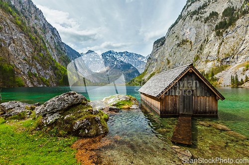 Image of Boat dock on Obersee lake. Bavaria, Germany