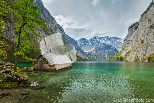 Image of Boat dock on Obersee lake. Bavaria, Germany