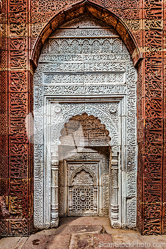 Image of Decorated wall in Qutub complex. Delhi, India