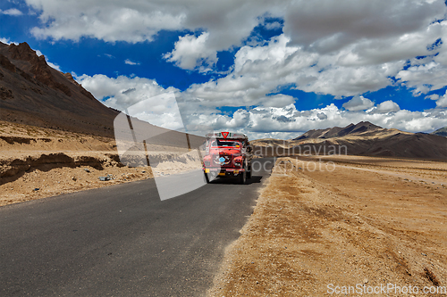 Image of Manali-Leh road in Indian Himalayas with lorry. Ladakh, India