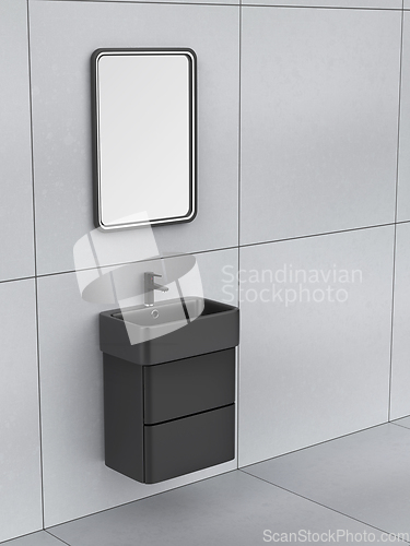 Image of Black wash basin cabinet with faucet and mirror
