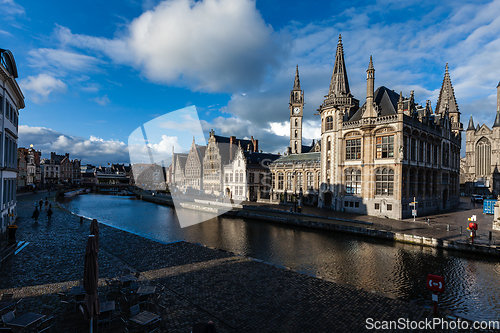 Image of Ghent canal and Graslei street. Ghent, Belgium