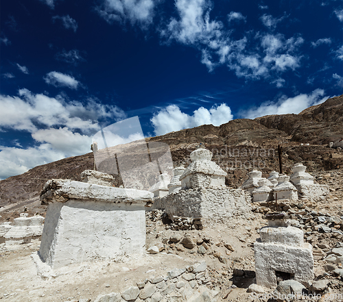 Image of Chortens (Tibetan Buddhism stupas) in Himalayas. Nubra valley, L