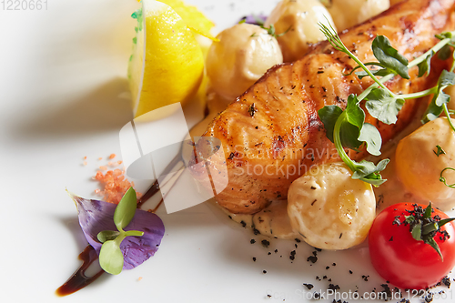 Image of Roast salmon with potatoes on white plate. Shallow dof