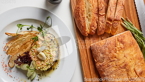 Image of The salmon tartare with avocado. Shallow dof