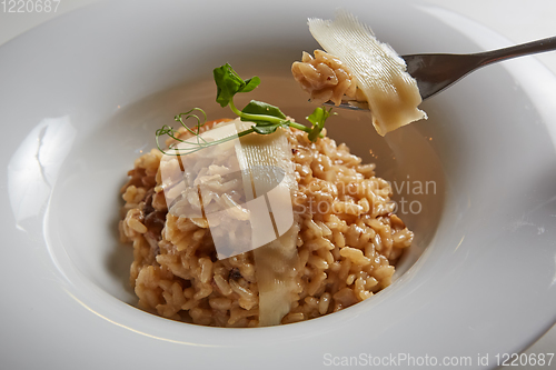 Image of Italian dish risotto with wild white mushrooms and Parmesan chee