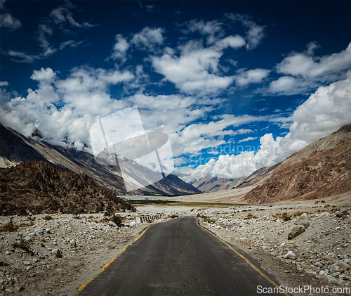 Image of Road in Himalayan landscape in Nubra valley in Himalayas