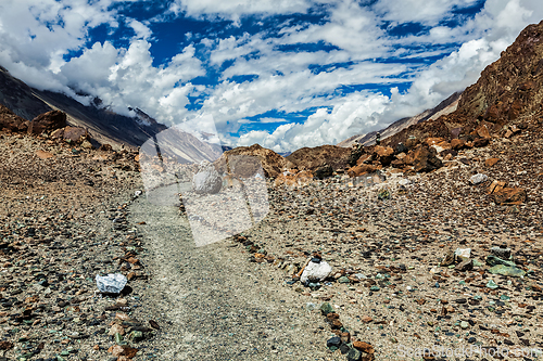 Image of Foot path to sacred lake Lohat Tso in Himalayas. Nubra valley, Ladakh, India