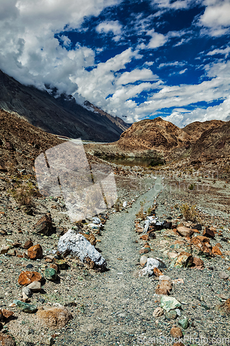 Image of Foot path to sacred lake Lohat Tso in Himalayas. Nubra valley, Ladakh, India