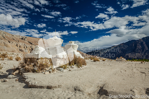 Image of Chortens (Tibetan Buddhism stupas) in Himalayas. Nubra valley, L