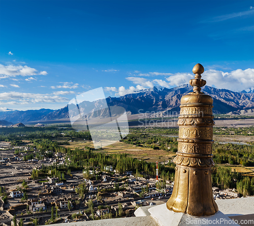 Image of Dhvaja (victory banner), on the roof of Thiksey monastery. Ladak