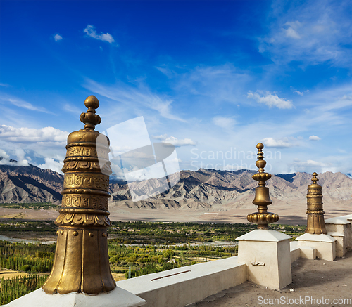 Image of Dhvaja (victory banner), on the roof of Thiksey monastery. Ladak