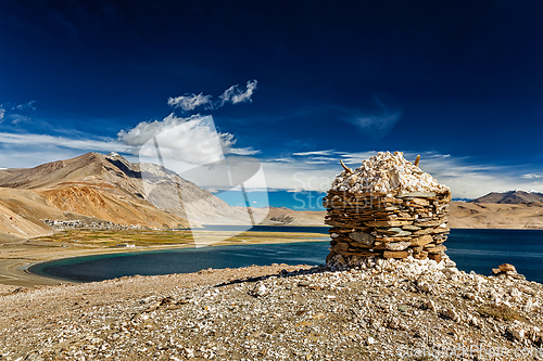 Image of Stone cairn at Himalayan lake Tso Moriri,