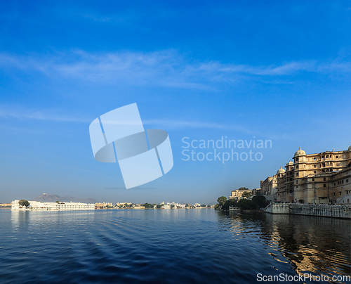 Image of City Palace, Lake Palace and Lake Pichola. Udaipur, India