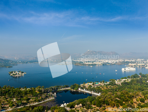 Image of Aerial view of Lake Pichola with Lake Palace (Jag Niwas) and Jag