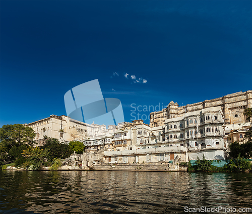 Image of City Palace view from the lake. Udaipur, Rajasthan, India