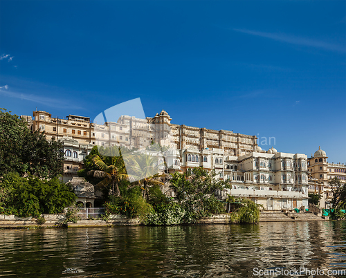 Image of City Palace view from the lake. Udaipur, Rajasthan, India